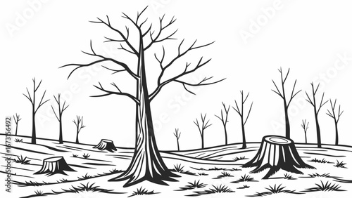 Deforestation Landscape with Bare Tree and Stumps. Environmental Destruction, Clear-Cutting, Wood Harvesting. Black and White Line Art Illustration.