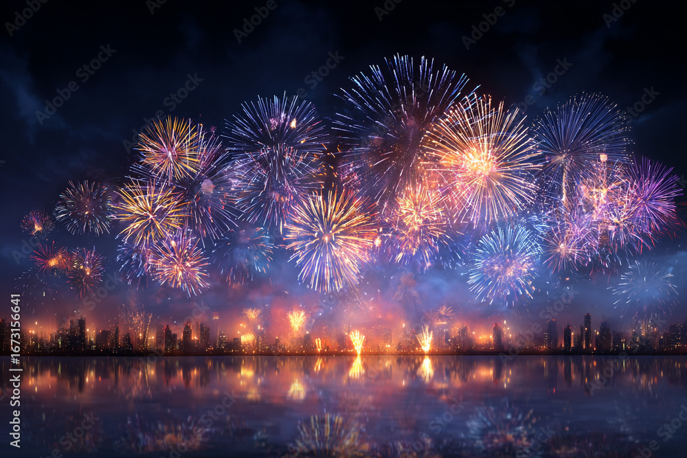 Fototapeta premium Vibrant fireworks display over a city skyline reflecting in calm water at night