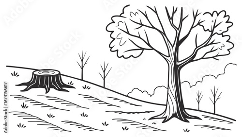 Deforestation and Reforestation: Tree Stump, Mature Tree, and Saplings on a Hilly Landscape. Environmental Conservation Concept.