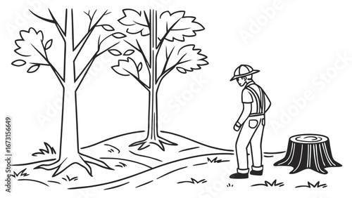 Logger next to tree stump in forest clearing, illustrating deforestation and woodcutting