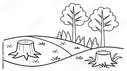 Black and white line art of deforestation with tree stumps and forest. Environmental impact, nature conservation, and logging illustration.