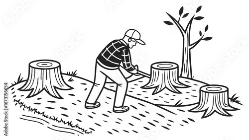 Man chopping tree with axe amidst stumps, depicting deforestation, logging, and environmental impact in a black and white illustration