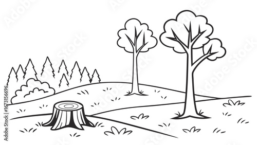 Simple line art cartoon landscape with tree stump, trees, and hills. Nature illustration, forest, and deforestation concept.