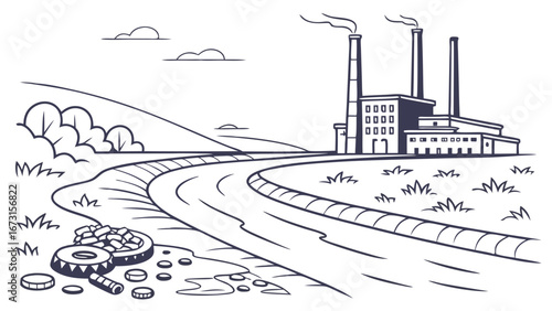 Industrial pollution and environmental damage. Factory with smoking chimneys and polluted river full of trash. Line art illustration.