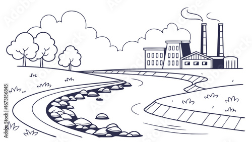 Industrial factory with smoking chimneys by a river in a natural landscape, line art illustration of environmental pollution and industry impact.