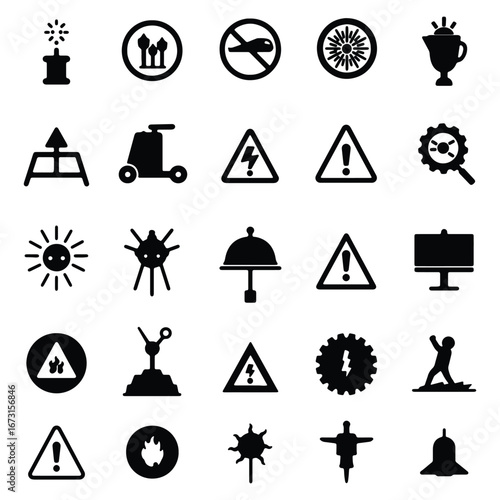 Collection of warning hazard and general signs in black silhouette isolated on white providing potential usage in multiple projects and designs