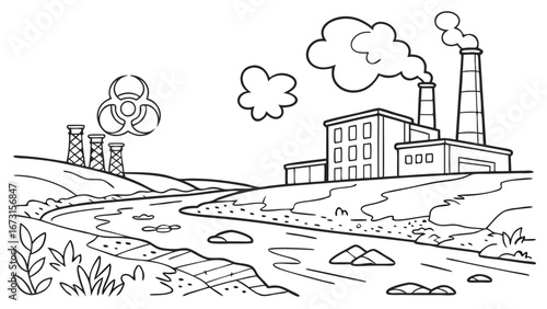 Industrial pollution line art: factory emitting smoke, biohazard waste, and polluted river. Environmental damage concept.