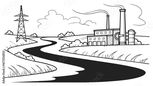 Industrial factory polluting river, emitting smoke, with power lines. Environmental impact concept, black and white illustration.