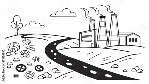 Environmental pollution concept: Factory emitting smoke and toxic waste contaminating river and land. Industrial impact illustration.