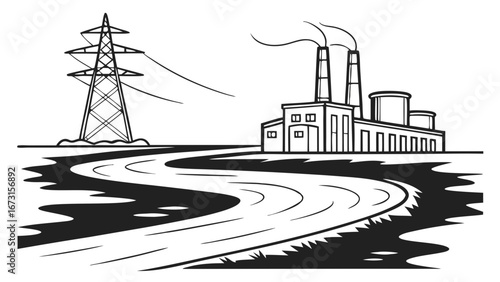 Industrial landscape with factory, power plant, electricity pylon, and winding road. Black and white line art illustration.