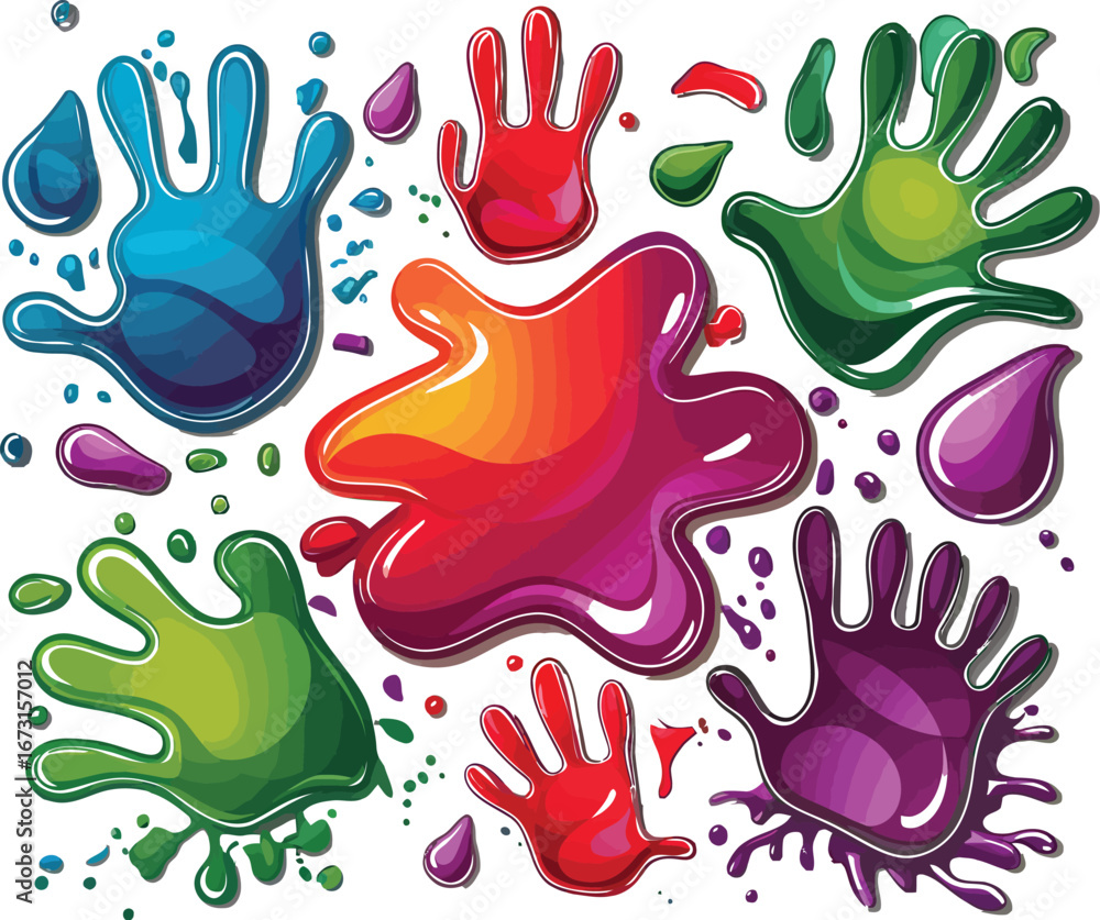 Obraz premium Colorful Handprint Splatters A Playful Cartoon Illustration