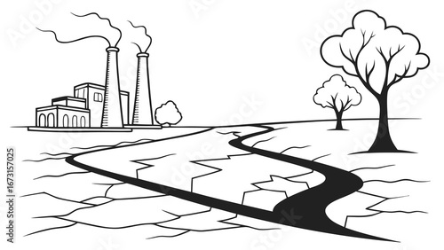 Industrial pollution and environmental destruction. Cracked earth, dry riverbed, and bare trees depicting climate change and drought.