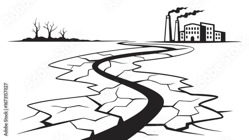 Environmental impact of industry: cracked earth, dead trees, and factory pollution