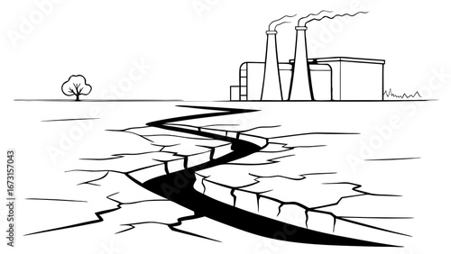 Environmental Degradation: Cracked Earth Leading to Industrial Factory Pollution Illustration