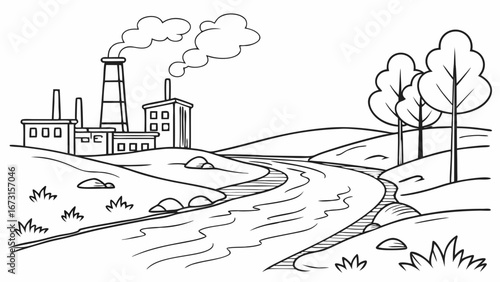 Industrial factory emitting smoke by winding river, hills, and trees. Environmental pollution concept. Black and white line art illustration.