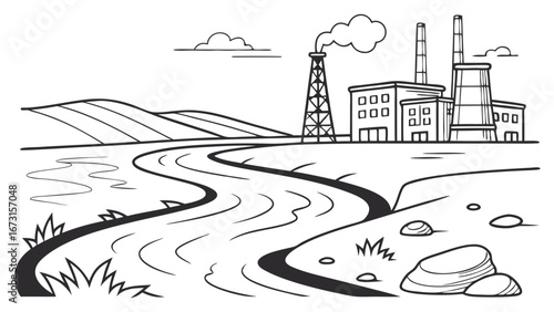 Industrial landscape with factory, river, and smokestacks, line drawing illustration