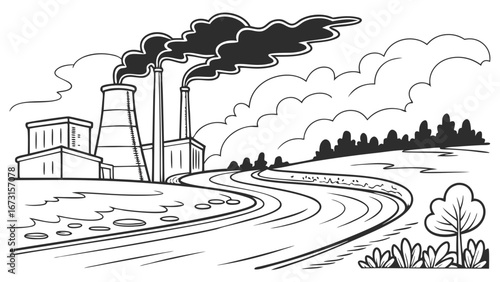 Industrial factory polluting environment with smoke and waste. Air and water pollution illustration.