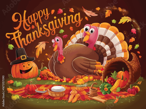 A vibrant and festive Thanksgiving illustration featuring cheerful turkeys, a bountiful cornucopia, and a smiling pumpkin celebrating the autumn harvest