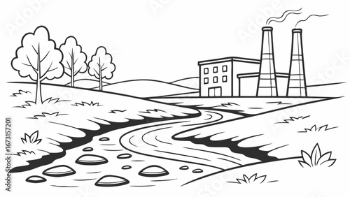 Industrial factory with smokestacks by winding river in natural landscape. Environmental pollution concept. Black and white line art illustration.