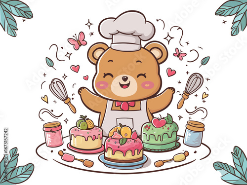 A joyful and whimsical cartoon bear chef proudly presenting beautifully decorated cakes, a sweet baking adventure illustration