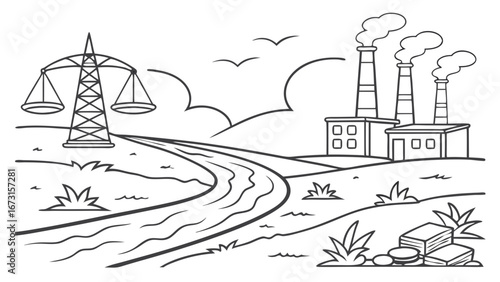 Monochrome industrial landscape line art with factory, river, and power tower. Environmental impact, energy production, and balance concept.