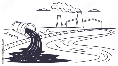 Industrial Pollution Illustration: Factory Emitting Smoke and Discharging Toxic Waste into River. Environmental Damage Concept.
