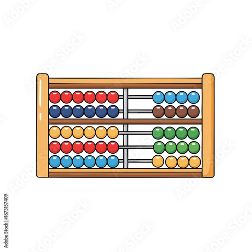 A traditional abacus with colorful beads is depicted in a clean 2D flat vector illustration, featuring minimalist design and solid colors, isolated on a white background.