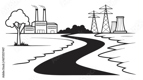 Industrial landscape illustration with factory, power lines, and a dark, winding river representing environmental impact and pollution