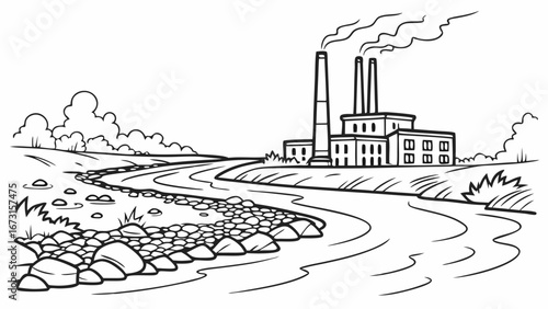 Industrial Factory by River Emitting Smoke. Environmental Pollution and Industry Concept. Black and White Line Art Illustration