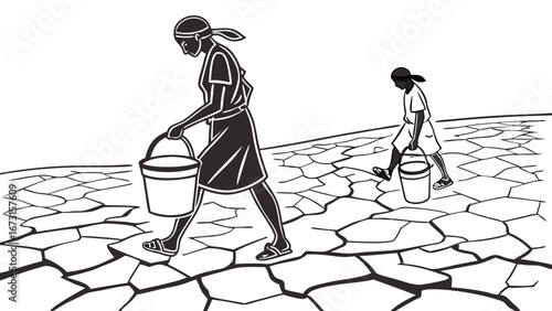 Woman and child carrying water buckets on cracked, dry earth, symbolizing drought and water scarcity
