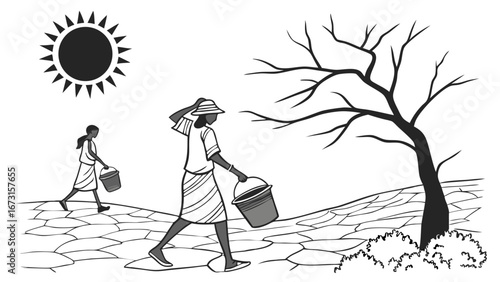 Women carrying water buckets through a cracked, dry landscape under a harsh sun, symbolizing drought and water scarcity.