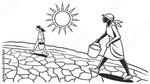 Water scarcity illustration: Woman and child carrying buckets on cracked, dry land under a scorching sun. Drought concept.