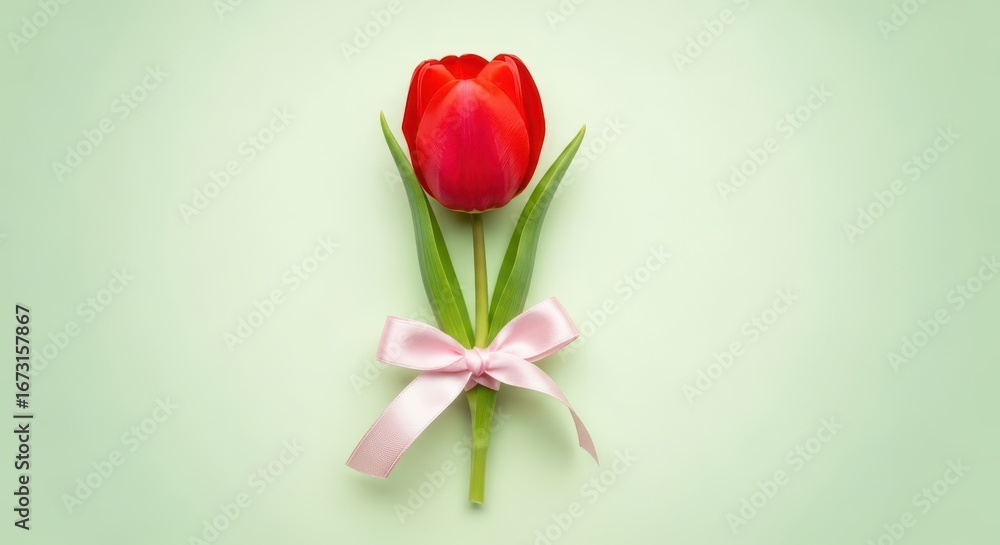 Fototapeta premium A single red tulip with a pink bow on a light green background