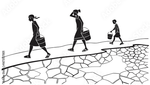 Water scarcity illustration: People carrying buckets over cracked, dry ground, symbolizing drought and humanitarian issues.