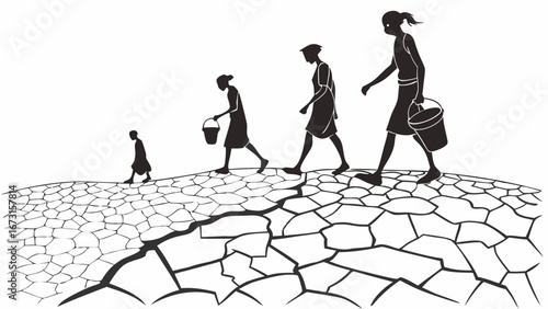 Women and children walking on parched, cracked earth carrying water buckets, symbolizing drought, climate change, and water scarcity crisis