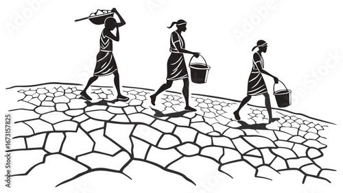 Drought and water scarcity: People carrying water across dry, cracked earth landscape, illustrating environmental hardship