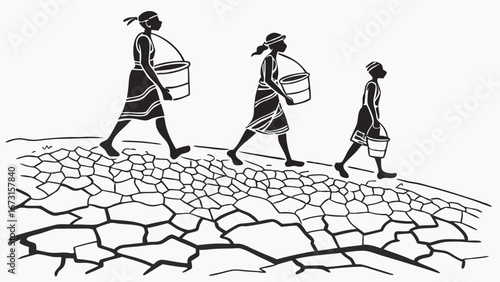 People carrying water buckets on cracked, dry earth, symbolizing drought, water scarcity, and environmental hardship
