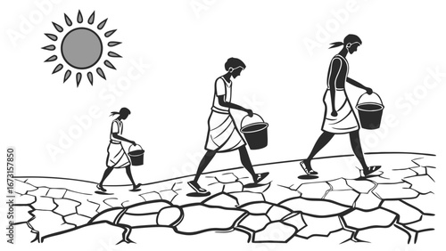 Women carrying water buckets across dry, cracked land under a scorching sun, symbolizing drought and water scarcity