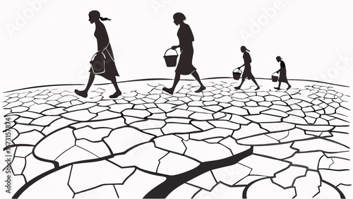Drought and Water Scarcity: Silhouettes of people carrying buckets on cracked dry earth, symbolizing environmental crisis and hardship