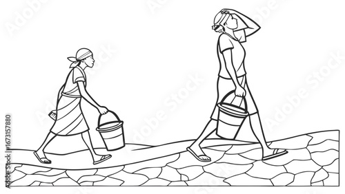 Women carrying water buckets on dry, cracked earth, symbolizing water scarcity, drought, and daily struggle for resources in a parched environment.