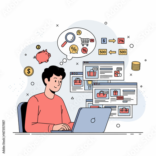 Man researching online shopping deals, comparing prices and analyzing budget for best value.