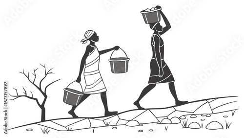Traditional women carrying water buckets uphill in a dry landscape, daily life illustration, water scarcity concept
