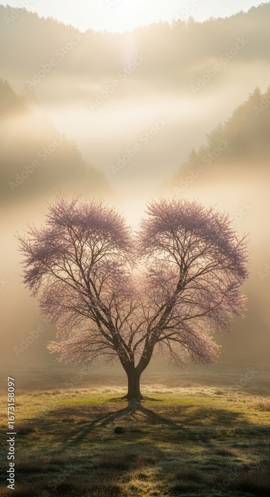 Obraz premium Heart shaped tree blooming in misty sunrise light