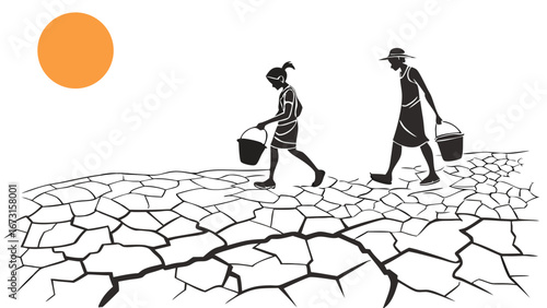 Water Crisis: Figures Walk Dry, Cracked Land with Empty Buckets Under Scorching Sun
