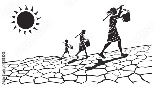 Drought and Water Scarcity: Family Walks Cracked Earth Under Scorching Sun, Carrying Water Buckets