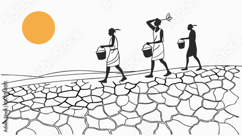 People walking on cracked, dry earth under hot sun, symbolizing drought, water scarcity, and agricultural struggle.