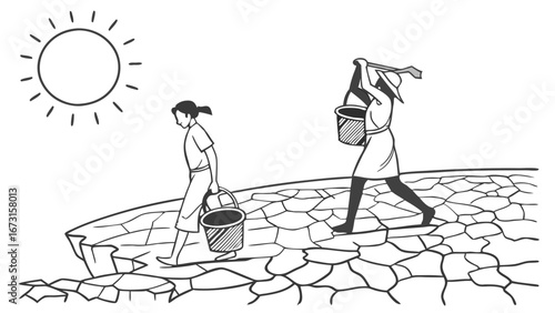 Drought illustration: People carrying water buckets across cracked, dry earth under scorching sun, symbolizing scarcity.