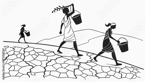 Women carrying water buckets across arid, cracked earth, representing drought and scarcity