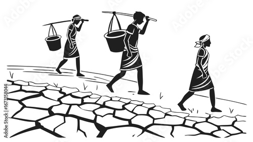 Silhouettes of people carrying water buckets across parched, cracked earth, symbolizing drought, water scarcity, and climate change impact.