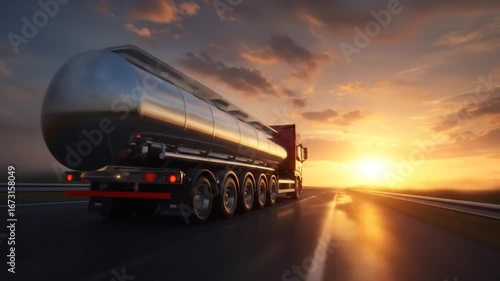 Truck with tanker driving into the sunset for transportation and industrial use